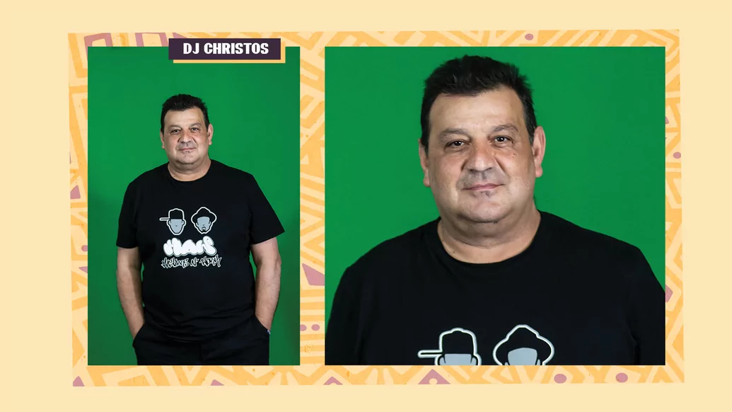 Two images of DJ Christos in a black T-shirt standing in front of a green backdrop