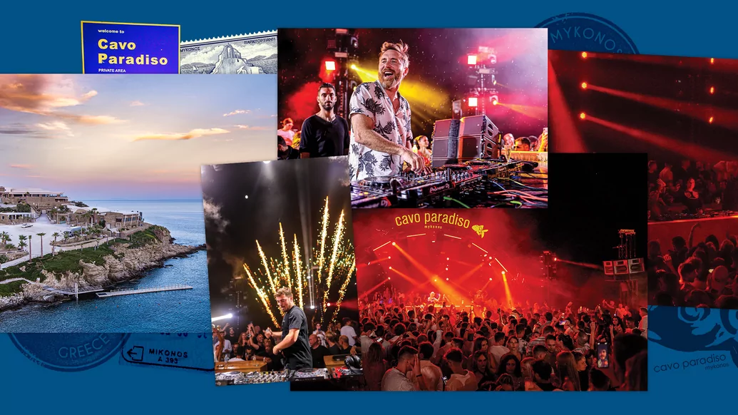 Collaged photos from Cavo Paradiso on a blue background