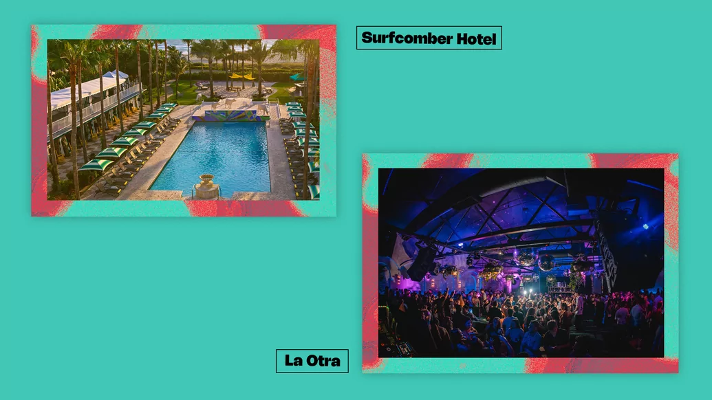 Turquoise graphic featuring photos of La Otra and the Surfcomber hotel