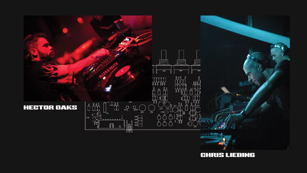 Photo of the Chris Liebing and Hector Oaks using the Xone:92 mixer on a black background