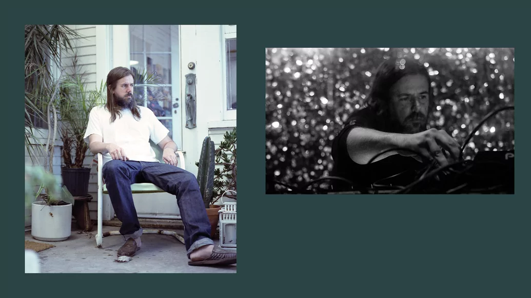 On the left, a photo of Andrew Hogge lounging in a chair in a garden. On the right, a black and white photo of him DJing