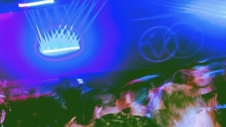Blurry colourful photo taken inside the Brighton Volks club