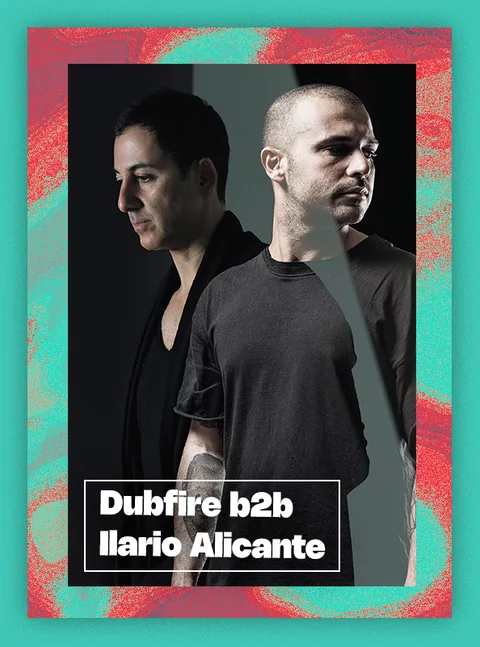 Photo of Dubfire and Ilario Alacante on a turquoise and blue swirling background