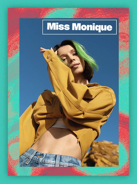 Photo of Miss Monique on a turquoise and blue swirling background